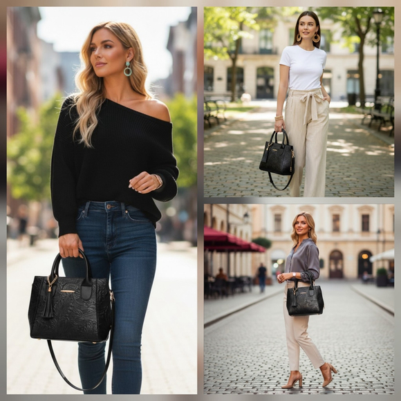 Black Zippered Floral Embossed Tooled Artisan LEATHER Hobo Bag Purse Artesanal - Picture 3 of 16